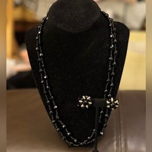 Vintage Black Long Beaded Necklace & 50s Era Clip Earrings Set